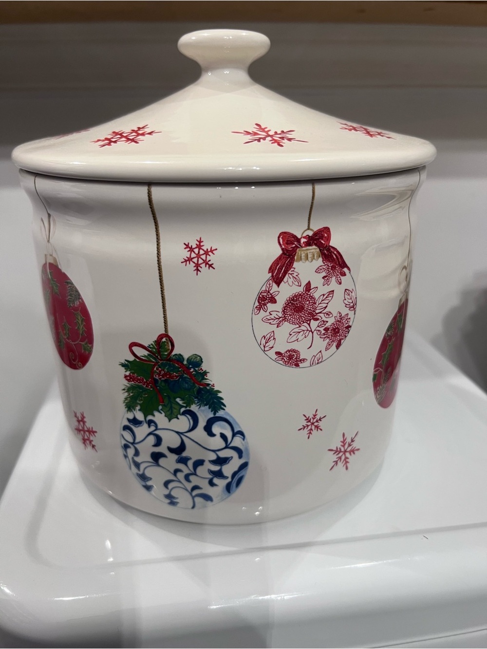 Southern Living White Ceramic Holiday Canister with Red and Blue Ornament Motifs